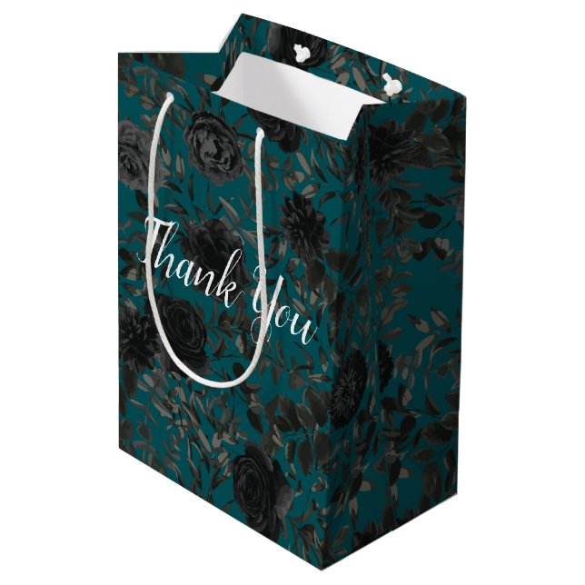 Black Teal Rose Gothic Elegant Wedding Medium Gift Bag (Back Angled)
