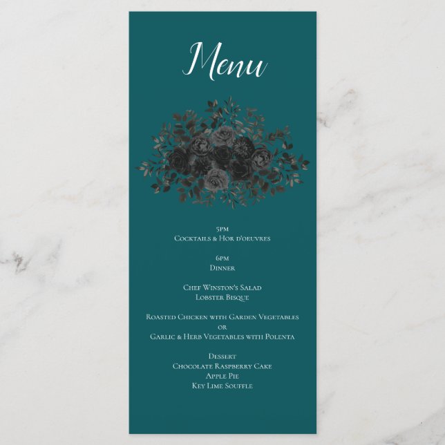 Black Teal Rose Gothic Elegant Wedding Menu (Front)