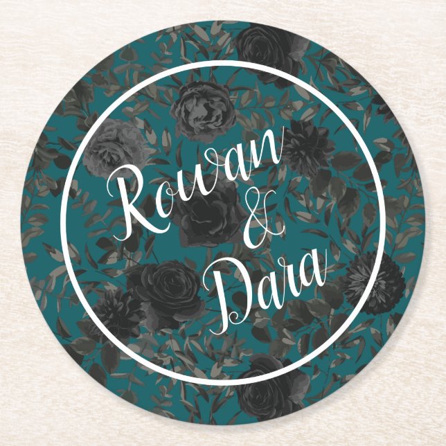 Black Teal Rose Gothic Elegant Wedding Round Paper Coaster (Front)