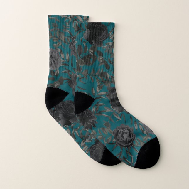 Black Teal Rose Gothic Elegant Wedding Socks (Pair)