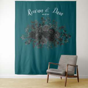 Black Teal Rose Gothic Elegant Wedding Tapestry