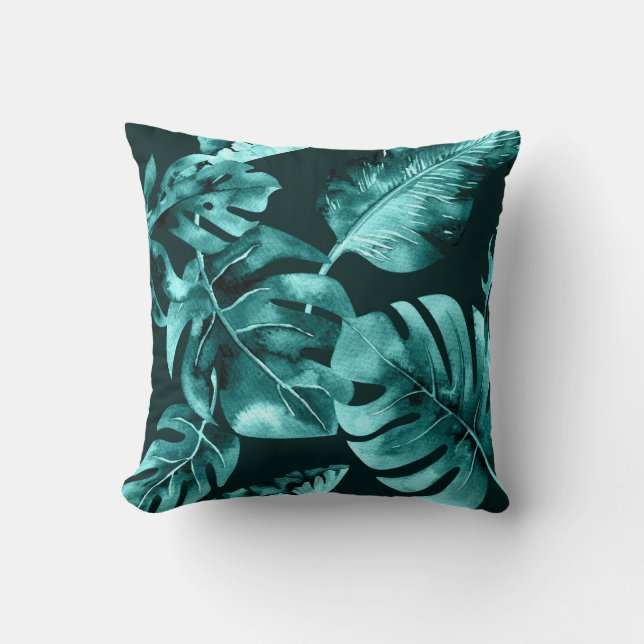 Black & Teal Tropical Palm Leaves Summer Chic Throw Pillow (Front)