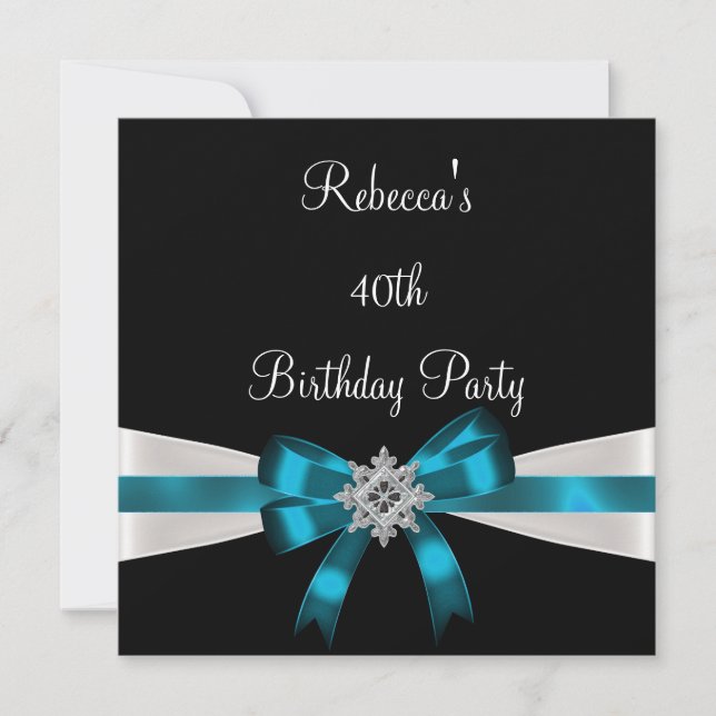 Black Teal White Jewel Bow 40th Elegant Birthday Invitation (Front)