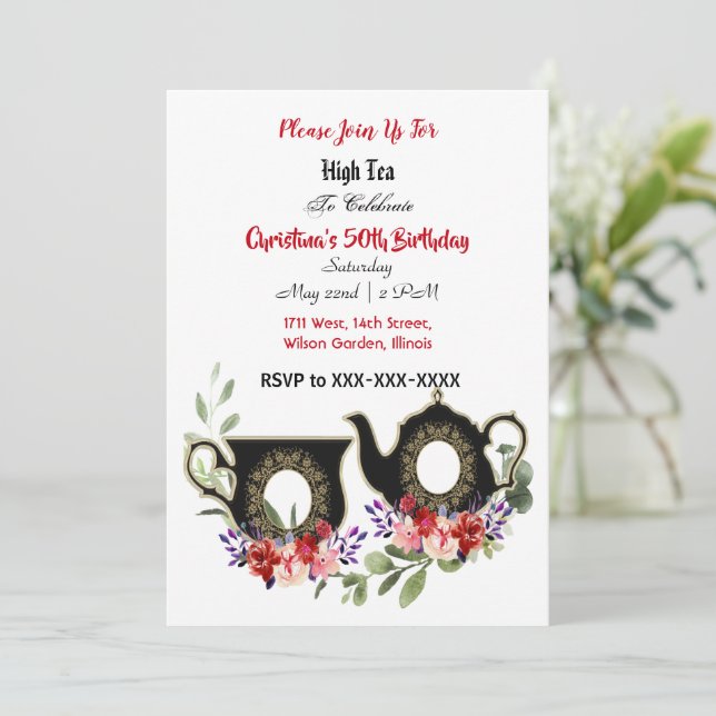 Black Teapot Floral Afternoon High Tea 50 Birthday Invitation (Standing Front)