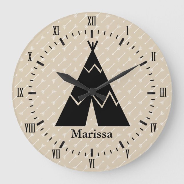 Black Tee Pee White Arrows Roman Numerals Name Large Clock (Front)