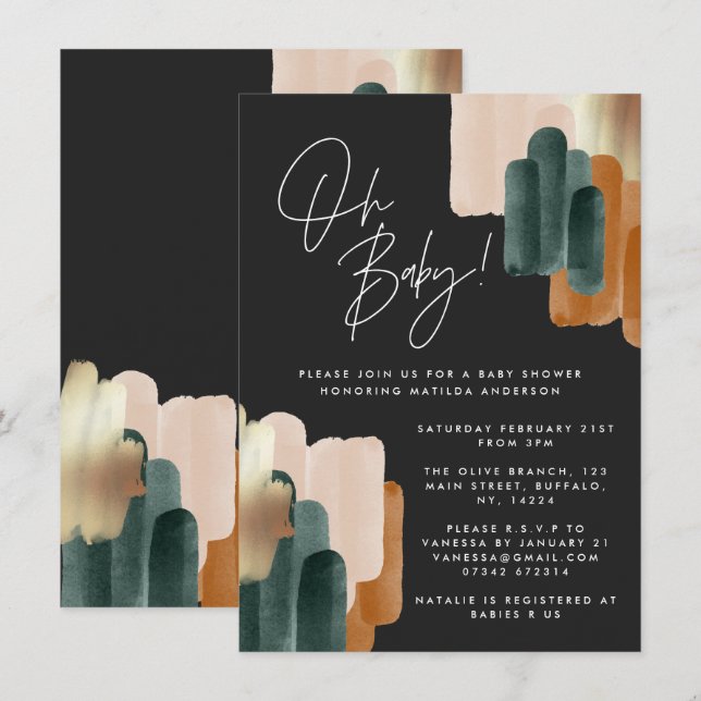 Black terracotta abstract watercolor baby shower invitation (Front/Back)