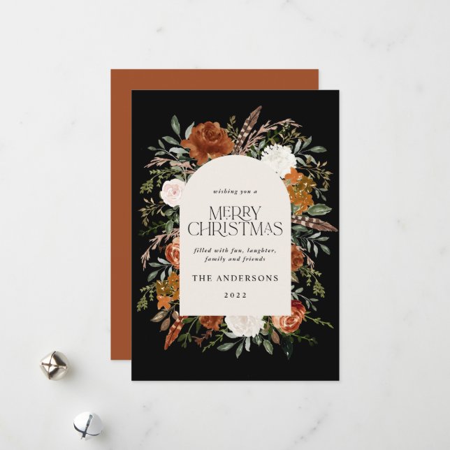 Black terracotta floral botanical elegant arch hol holiday card (Front/Back In Situ)