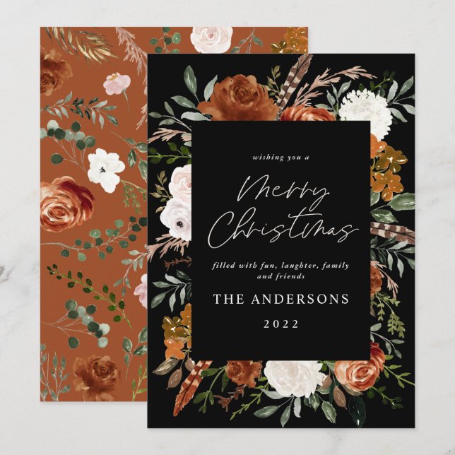 Black terracotta floral botanical elegant script h holiday card (Front/Back)