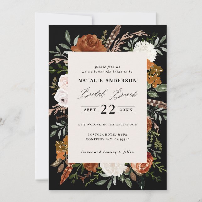 Black terracotta floral rustic bridal brunch invitation (Front)