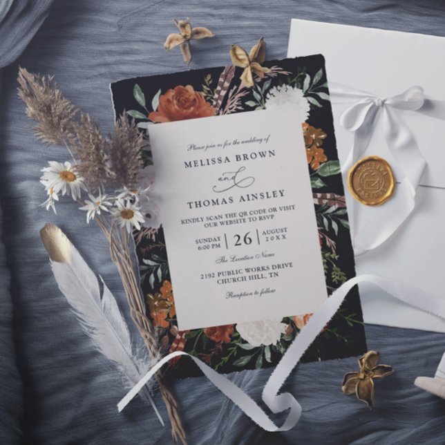 Black terracotta floral rustic qr code wedding invitation (Creator Uploaded)