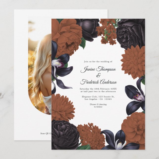 Black & Terracotta Photo/QR Code Floral Wedding Invitation (Front/Back)