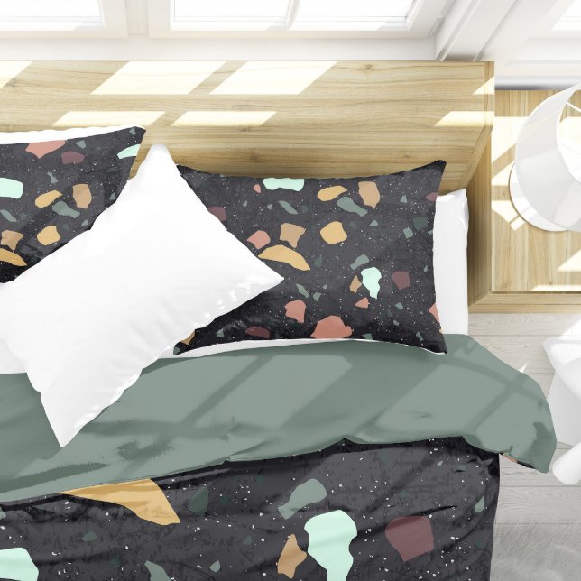 Black Terrazzo Pattern Pillowcase (Black Terrazzo Pillow Case On Bed)