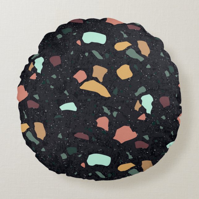Black Terrazzo Pattern Round Pillow (Front)