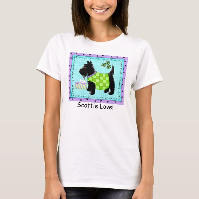 Black Terrier Dog Turquoise Purple Scottie Love T-Shirt (Front)