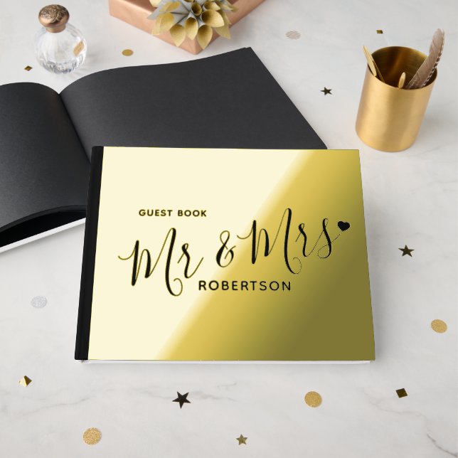 Black text little heart custom gold wedding guest book (Front Open)