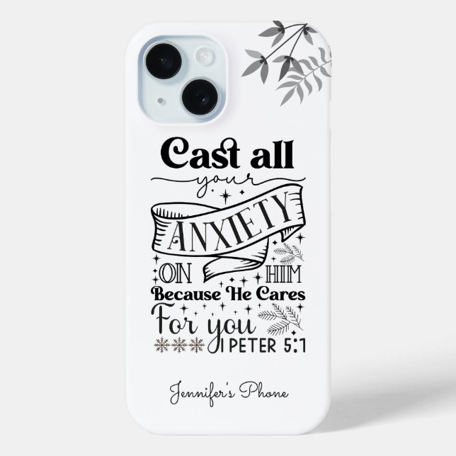 Black Text Typography, 1 Peter 5:7 Scripture Case-Mate iPhone Case (Back)