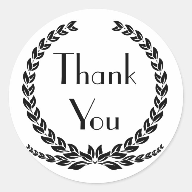 Black Thank You Laurel Leaf Wreath Wedding Party Classic Round Sticker (Front)