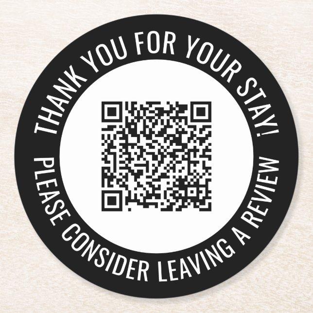 Black Thank You & Scan Me Promotional QR Code Round Paper Coaster (Front)
