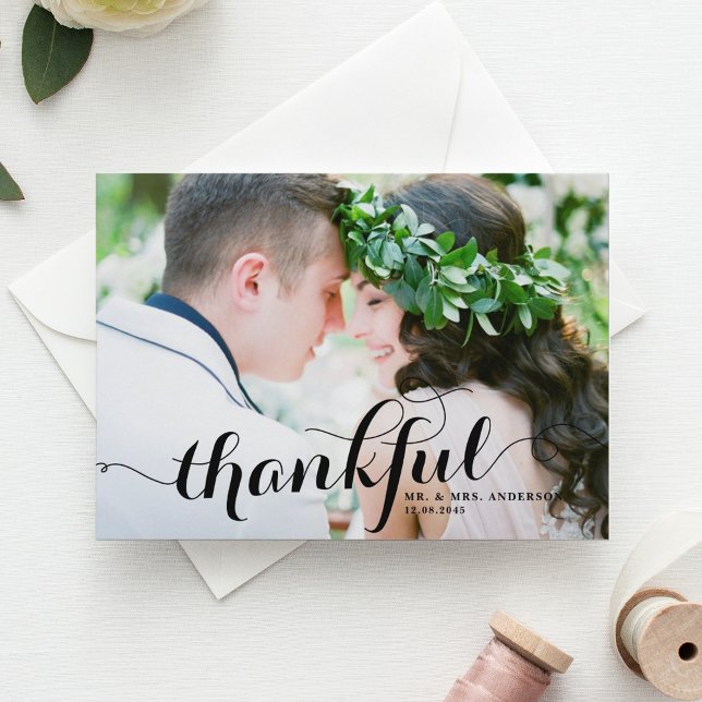 Black Thankful Calligraphy Photo Wedding Thank You Postcard (Creator Uploaded)