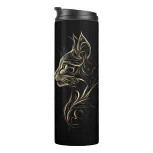 Black Thermal Tumbler with Golden Cat Design