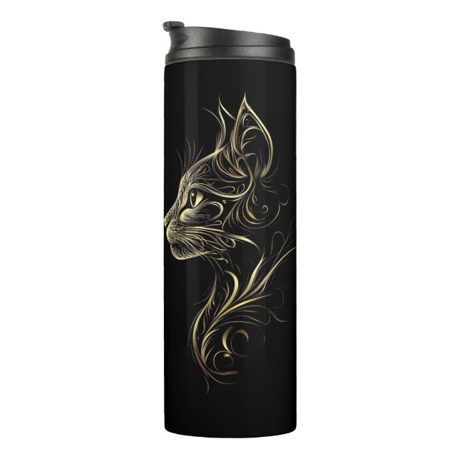 Black Thermal Tumbler with Golden Cat Design (Rotated Right)