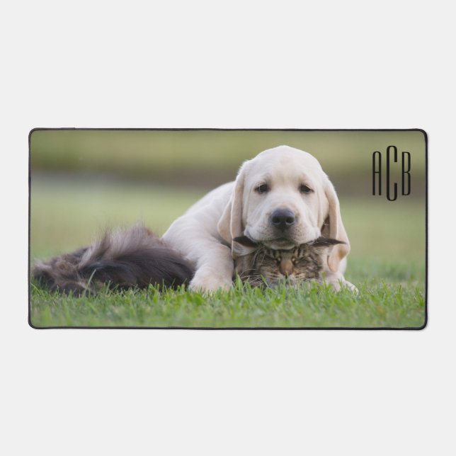 Black Three Letter Monogram Pet Photo Desk Mat (Front)