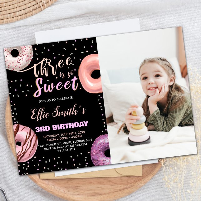 Black Three Sweet Pink Photo Doughnut Birthday Invitation (Black Three Sweet Pink Photo Donut Birthday Invitation)
