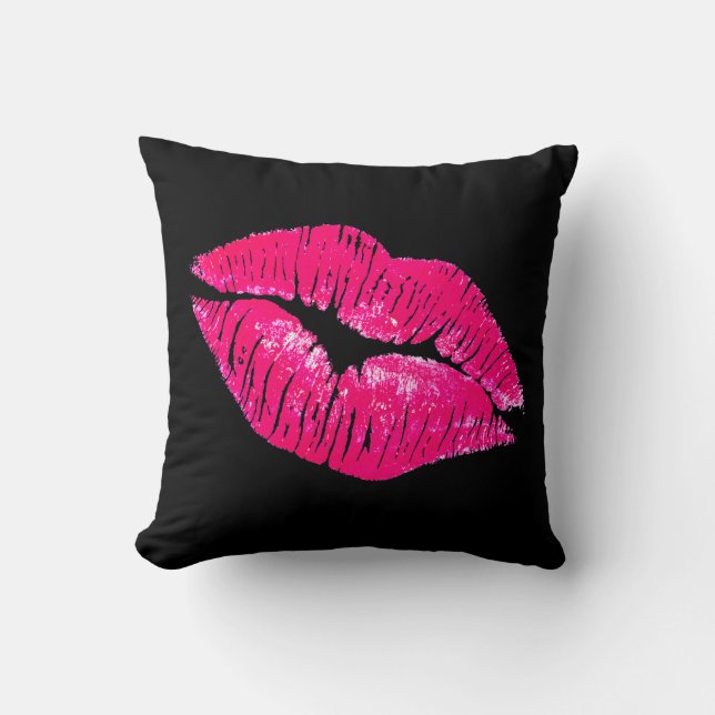 Black Throw Pillow Pink Lips (Front)