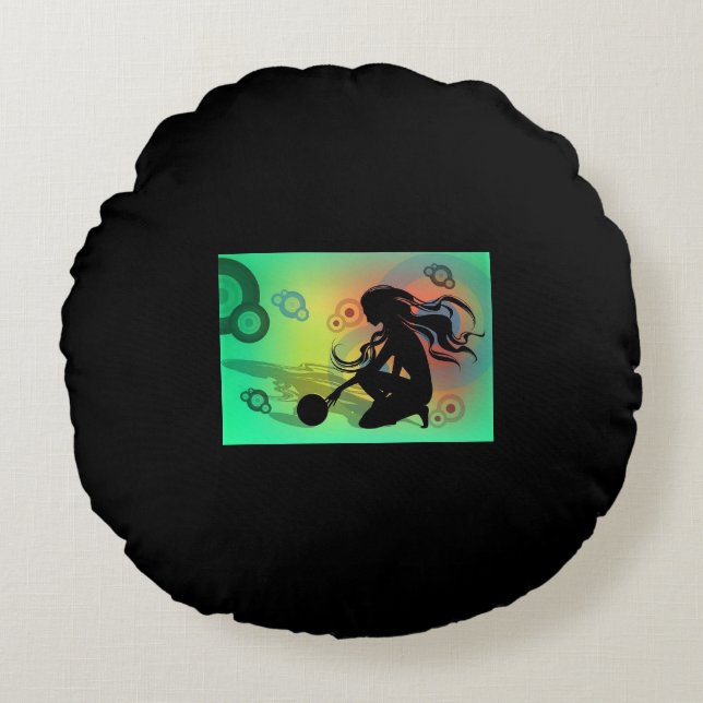 Black throw pillow with green design. (Front)