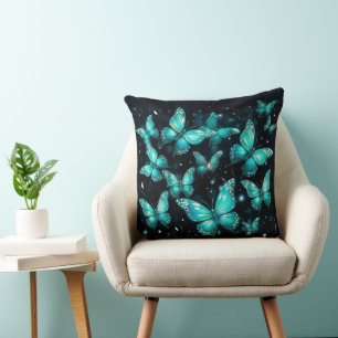 Black Throw Pillow With Teal Butterflies