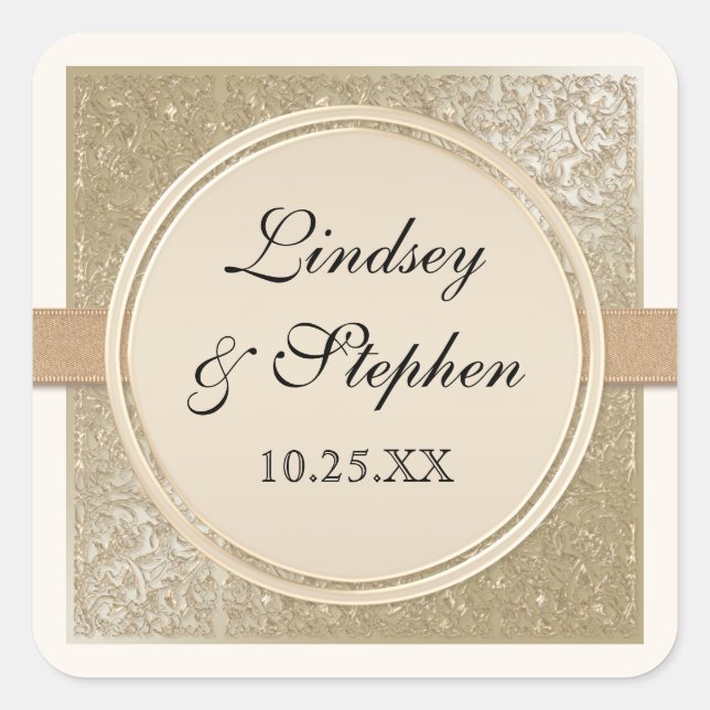 Black Tie Elegance Champagne Gold n Cream Wedding Square Sticker (Front)
