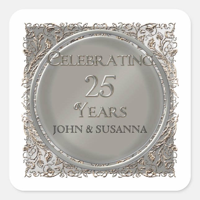 Black Tie Elegance, Silver Wedding Anniversary Square Sticker (Front)