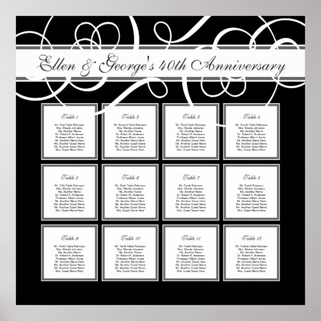 Black Tie Elegant Party 12 Table Seating Chart (Front)