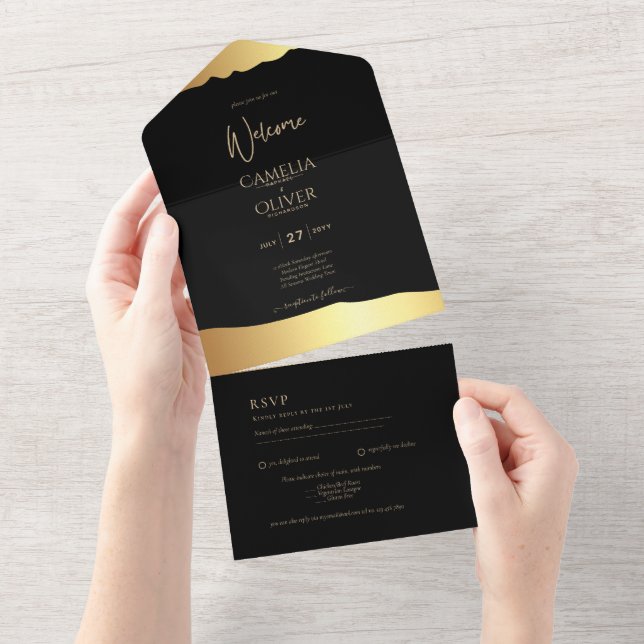 Black Tie Wedding Gold Foil Script Elegant Event  All In One Invitation (Tearaway)