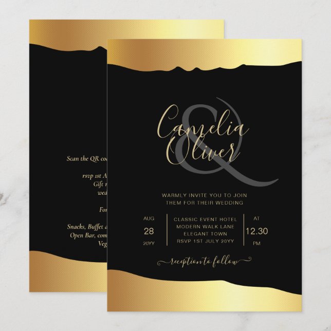 Black Tie Wedding Gold Foil Script Elegant Event  Invitation (Front/Back)