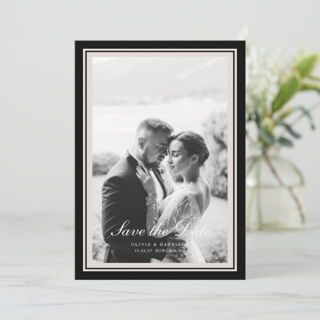 Black Tie Wedding Photo Save the Date Card (Standing Front)