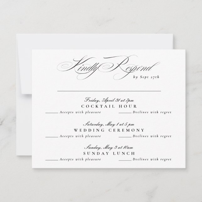 Black Tie White Classic Calligraphy multi-event RSVP Card (Front)