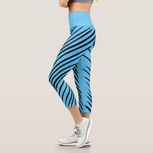 Black Tiger Stripes on Azure Blue Background Capri Leggings