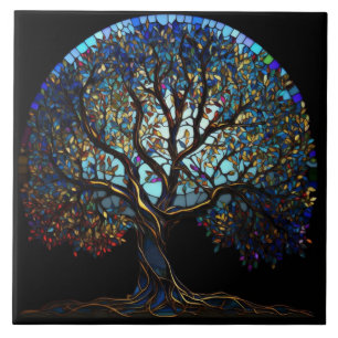 Black tile with multicolored mosaic tree of life
