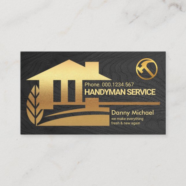 Black Timber Wood Gold Home Repairs, Handyman Business Card (Front)