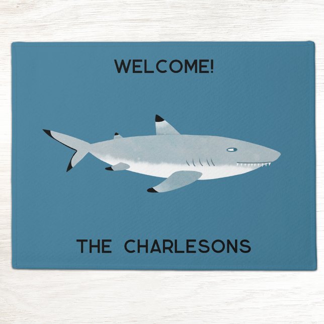 Black Tipped Reef Shark Fun Personalized Doormat (Fun Black Tipped Reef Shark personalized coastal humor doormat for you boat or beach house)