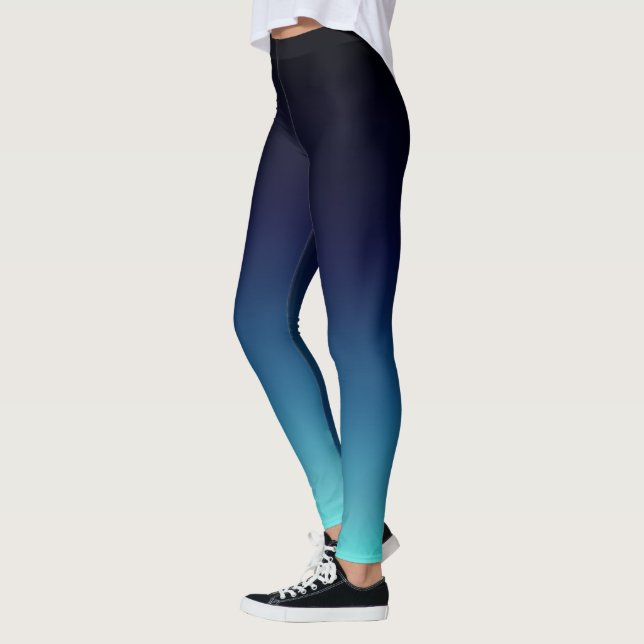 Black To Deep Sea Aqua Blue Ombre Gradient Fade Leggings (Left)