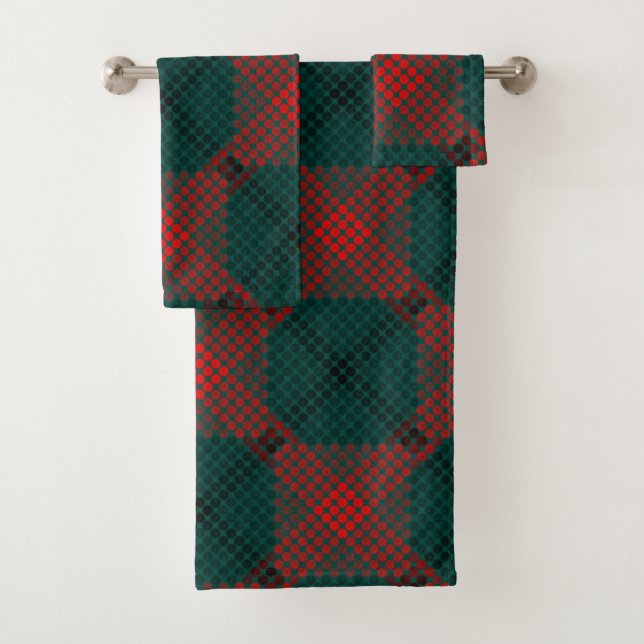 Black to red balls or holes over green background bath towel set (Insitu)