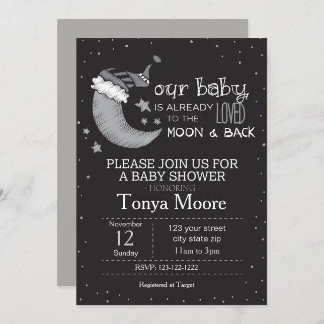 Black To the Moon and Back Baby Shower Invite (Front/Back)