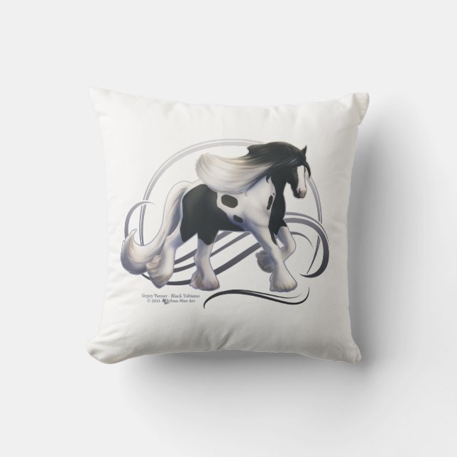 Black Tobiano Gypsy Vanner Horse Throw Pillow (Front)