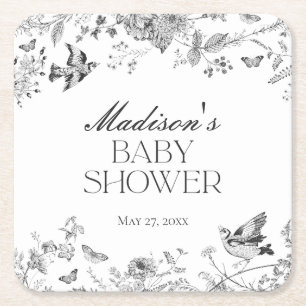 Black Toile De Jouy Vintage Floral Baby Shower Square Paper Coaster