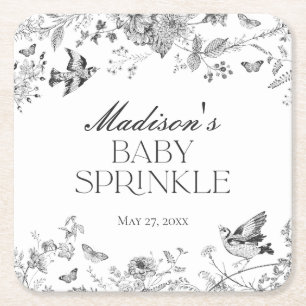 Black Toile De Jouy Vintage Floral Baby Sprinkle Square Paper Coaster