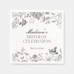 Black Toile De Jouy Vintage Floral Birthday Party Napkin