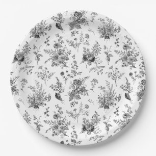 Black Toile De Jouy Vintage Floral Chinoiserie Paper Plate
