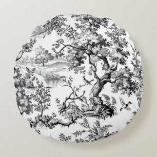 Black Toile Print Round Pillow